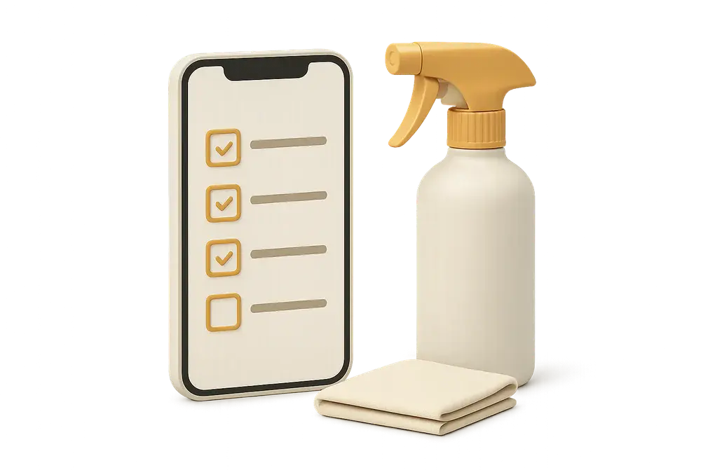 CleanClac app displaying an illustrated cleaning checklist in progress with photo proof CleanClac app displaying an illustrated cleaning checklist in progress with photo proof