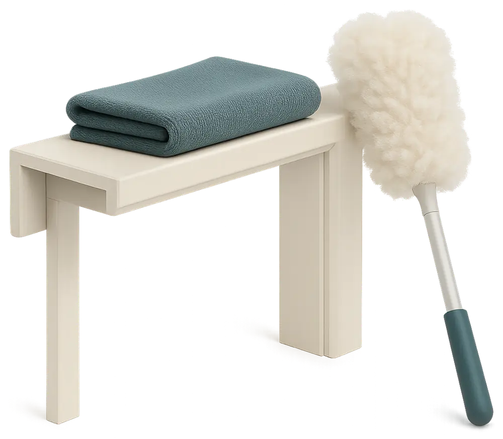 cleaning high-up dust from a door frame in an Airbnb rental cleaning high-up dust from a door frame in an Airbnb rental