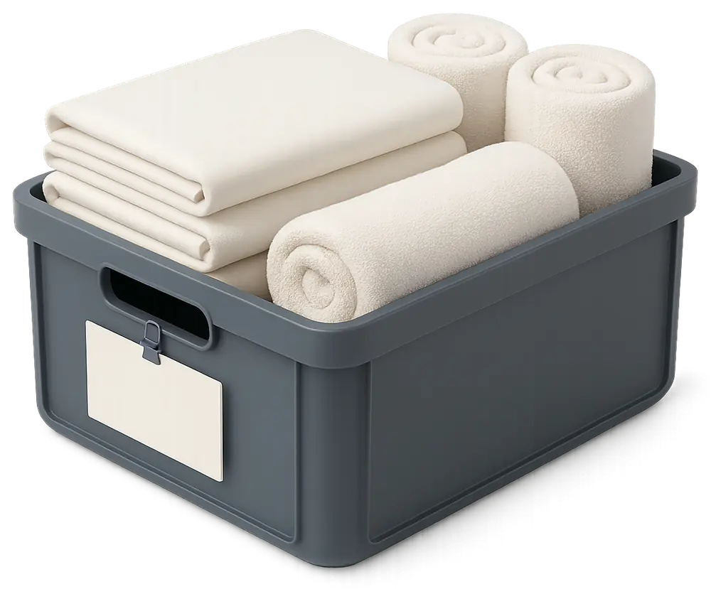 clean linen and consumables kit prepared in advance for a same-day turnover clean in a short-term rental