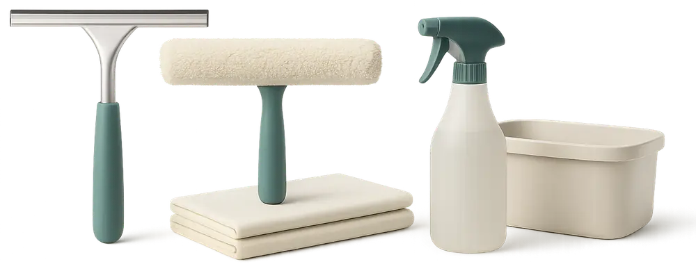 Professional window cleaning kit for short-term rentals: squeegee, washer, microfibres, and spray bottle