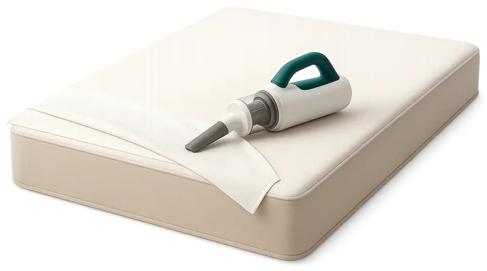 Inspecting and cleaning a mattress between guests in a short-term rental Inspecting and cleaning a mattress between guests in a short-term rental