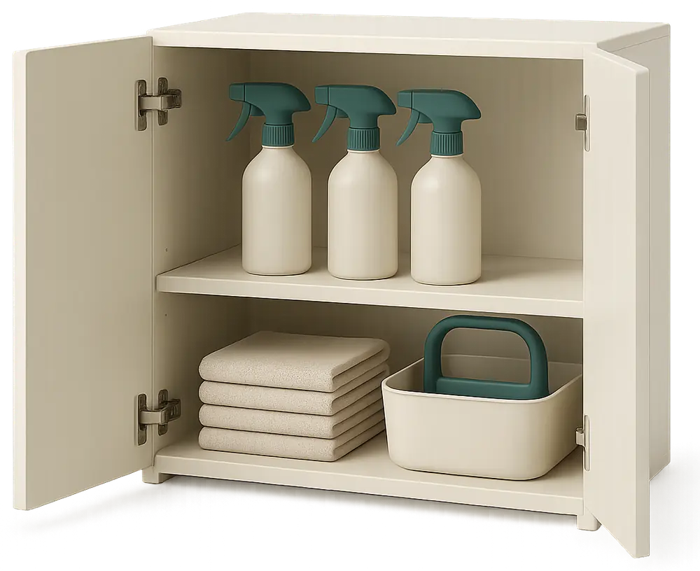organised storage of cleaning products in a short-term rental cupboard