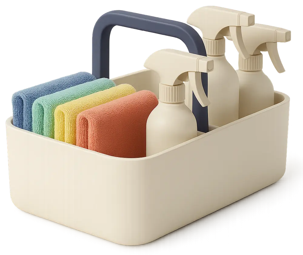 Professional cleaning kit organised by colour code for an Airbnb rental Professional cleaning kit organised by colour code for an Airbnb rental