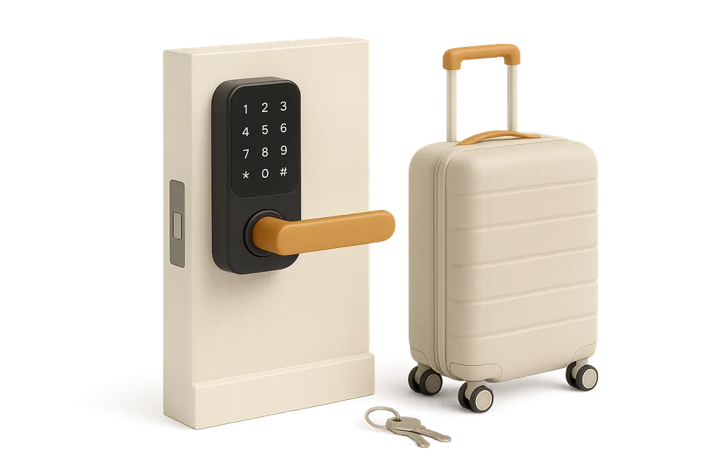 guest entering a code on a smart lock for Airbnb self check-in guest entering a code on a smart lock for Airbnb self check-in