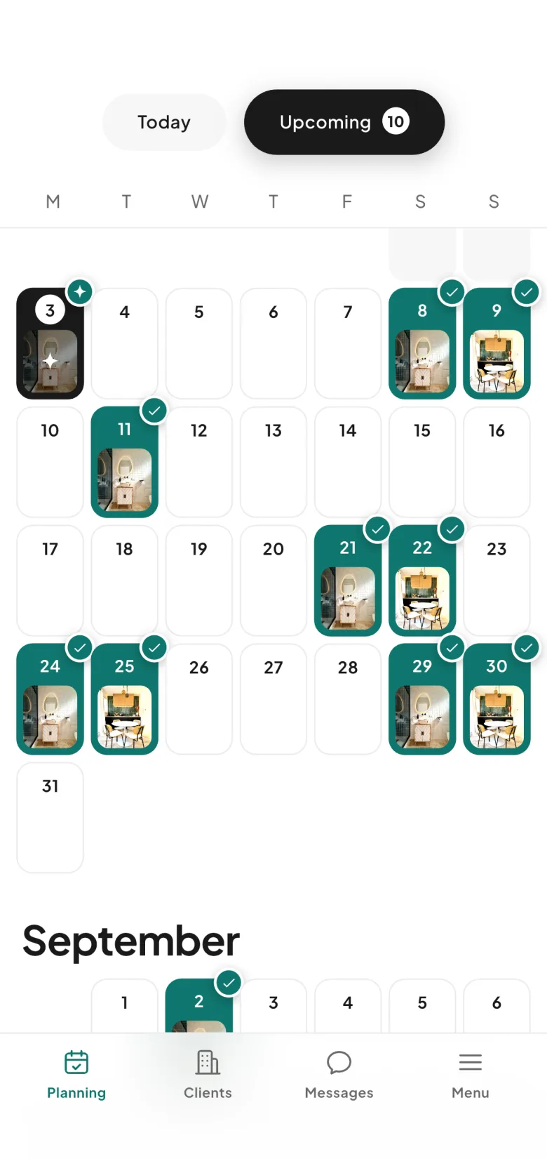 A cleaner’s schedule in CleanClac: the month’s cleanings, across all clients