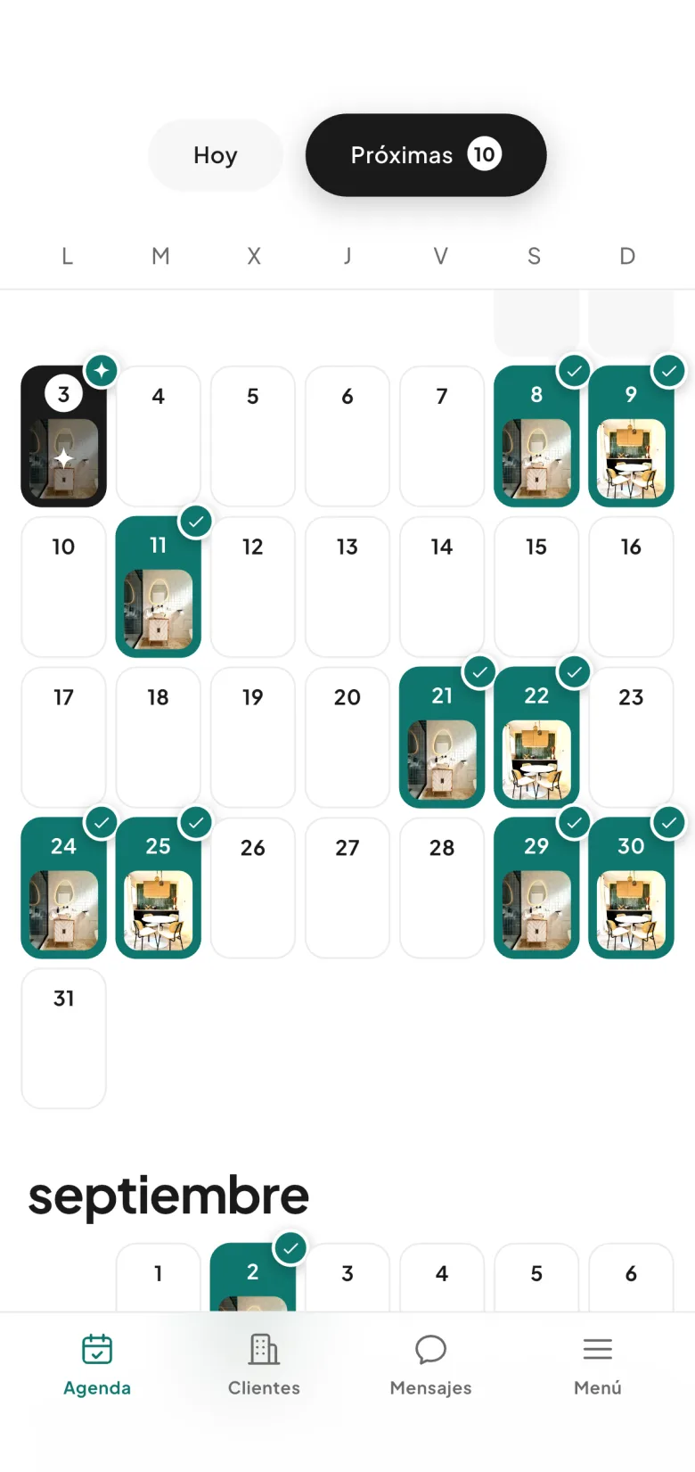 El planning de un profesional en CleanClac: sus limpiezas del mes, con todos los clientes juntos