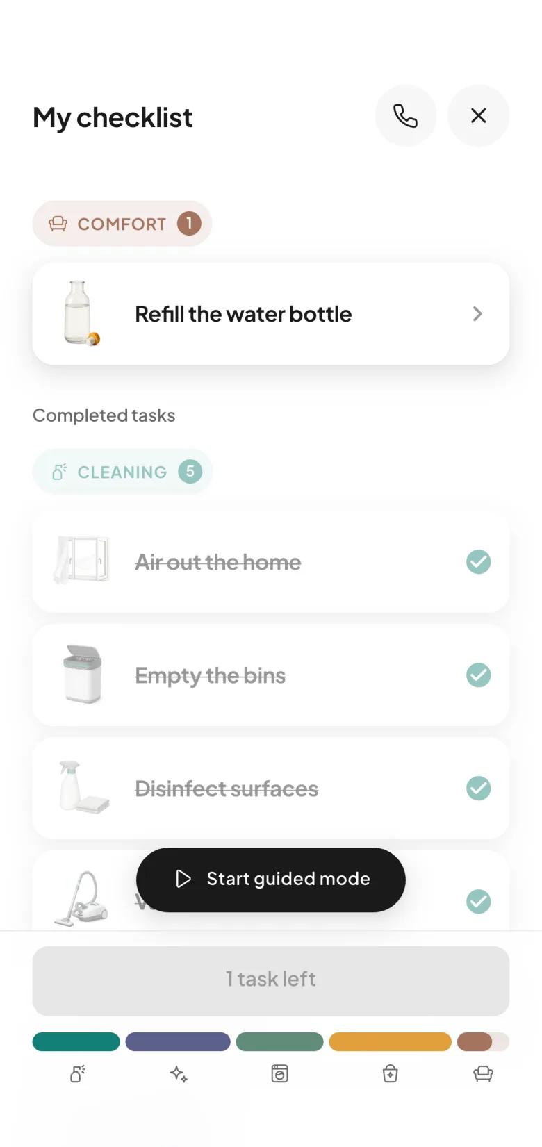 A cleaning checklist in CleanClac, sorted by theme, with illustrated tasks