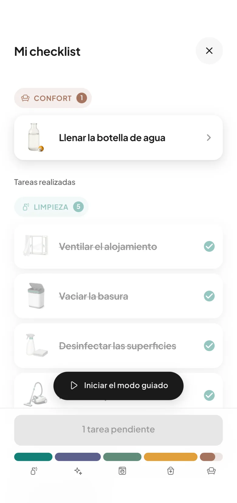 La lista de tareas de una limpieza en CleanClac, ordenada por tema, con sus tareas ilustradas