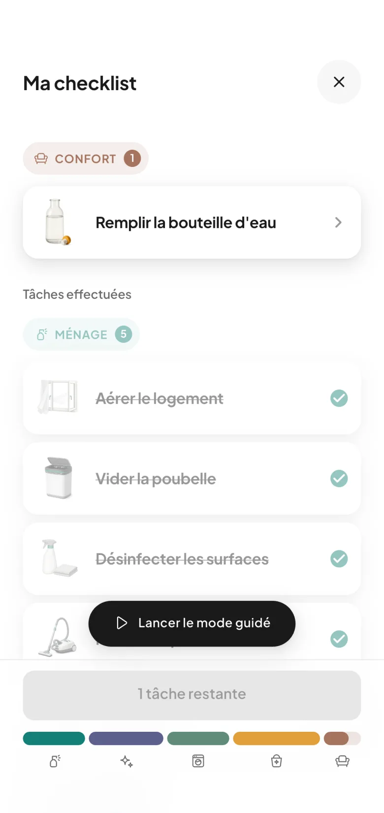 La checklist d'un ménage dans CleanClac, rangée par thème, avec ses tâches illustrées