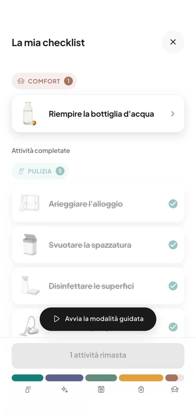 La lista di attività di una pulizia in CleanClac, ordinata per tema, con le attività illustrate