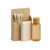 Um kit de casa de banho: cotonetes, sabonete e champô