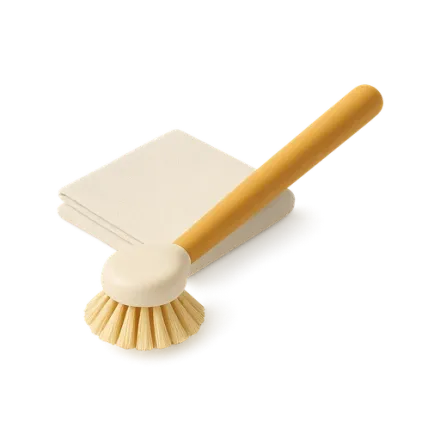 A dish brush next to a folded cloth