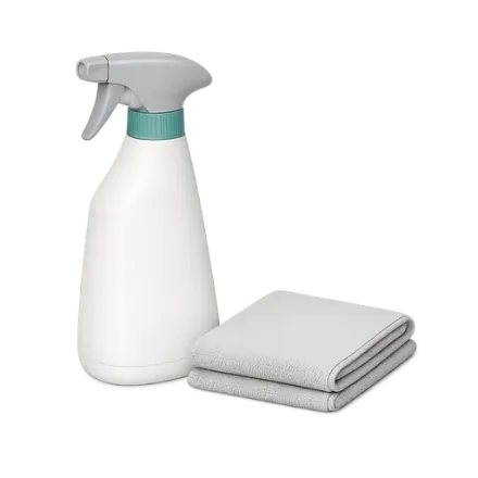 A disinfectant spray and a cloth