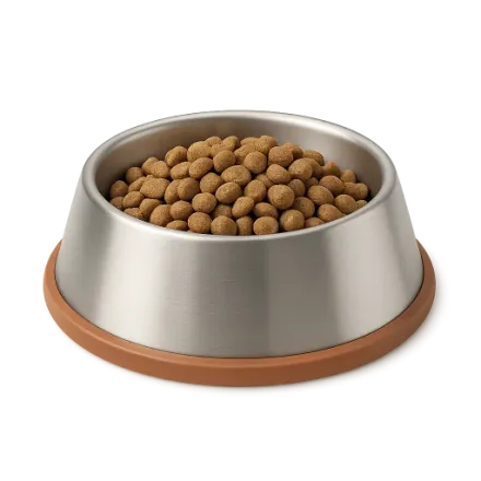 A steel pet bowl filled with kibble