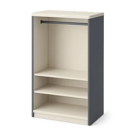 An open wardrobe with empty shelves and a rail