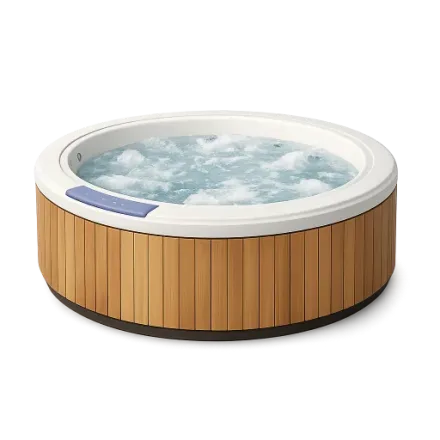 A round outdoor hot tub with wood surround