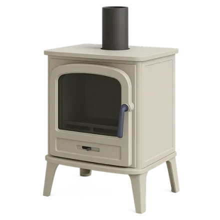 A wood burning stove, door closed