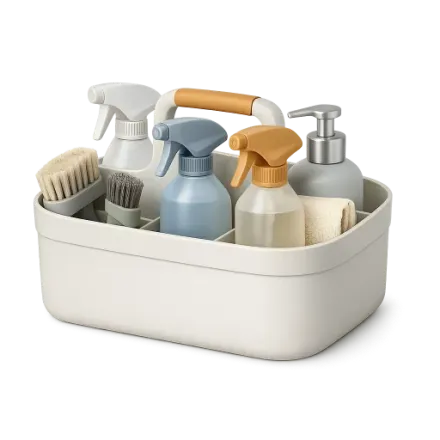 A caddy of cleaning products